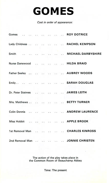 Gomes theatre programme and cast list starring Roy Dotrice, Rachel Kempson