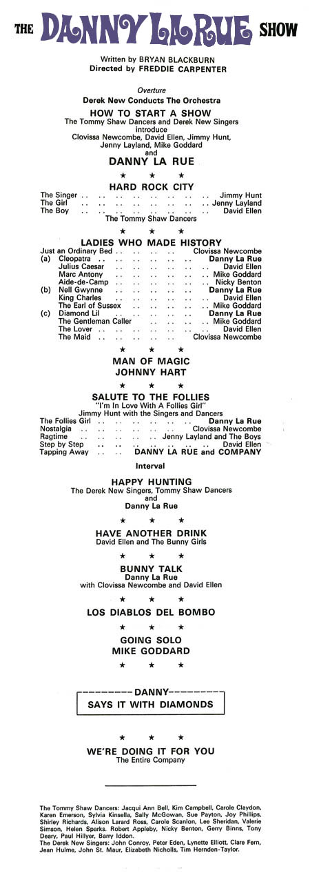 The Danny La Rue Show theatre programme and cast list starring Danny La Rue