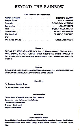 Beyond the Rainbow theatre programme and cast list starring Johnny Dorelli, Janet Mahoney, Geoffrey Burridge, Roy Kinnear, Lesley Duff, Freddy Quin