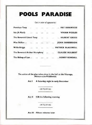 Pool's Paradise cast list starring Pat Kirkwood, Vivian Pickles, Hubert Gregg